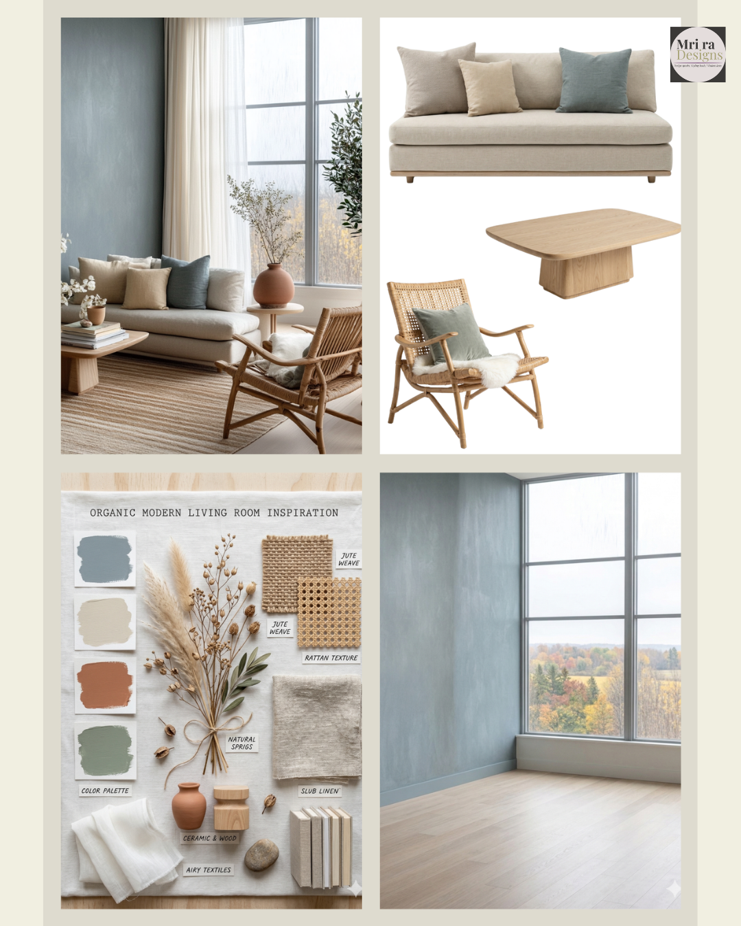 Completed organic modern living room with linen sofa, rattan chair, dusty blue walls and terracotta vases